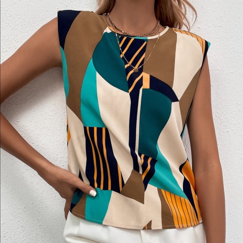 Abstract Color Block Padded Shoulder Tank Top Sleeveless Blouse - Picture 4 of 4
